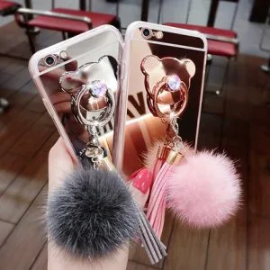 Golden Rope Mirror phone Back Cover Chain Rabbit Fur ball pompom For Samsung Galaxy S3 i9300 S4 I9500 S5 i9600 G530H G5308 Case